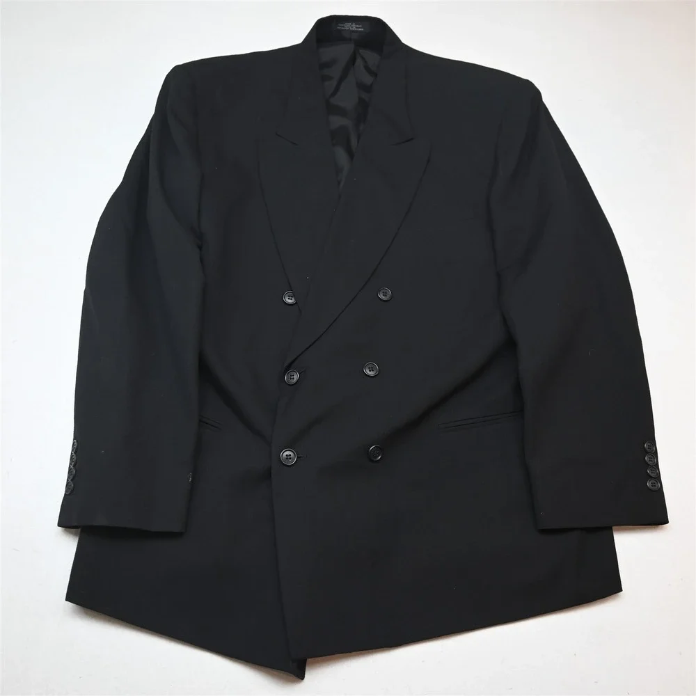 Vtg Mens Double Breasted 44R 34x30 Black Wool Mens Jacket Pants Suit